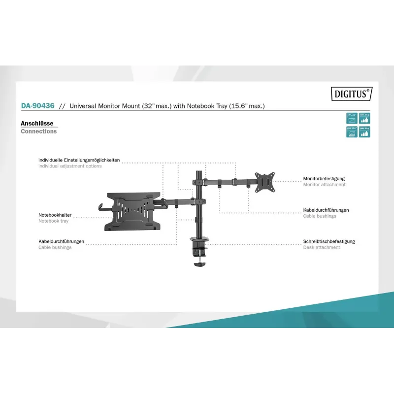 Uchwyt biurkowy DIGITUS podwójne ramię na 1xLCD 32" 4kg, | PartsPC.pl
