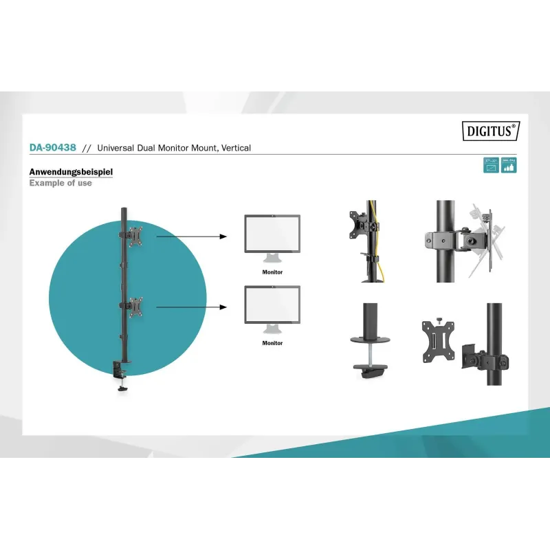 Uchwyt biurkowy DIGITUS pionowy 2xLCD max. 32" 8kg, | PartsPC.pl
