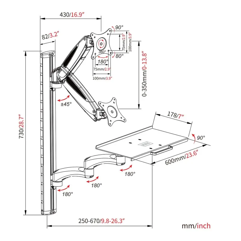 Ramię naścienne pojedyncze DIGITUS 1xLCD + klawiatura, | PartsPC.pl