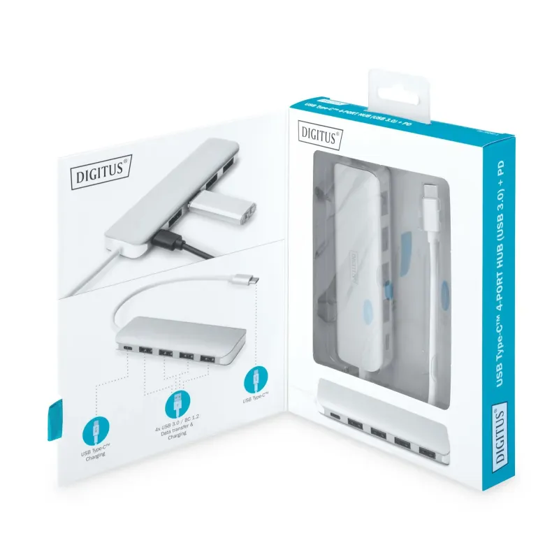 Hub USB DIGITUS 4-portowy USB 3.0 SuperSpeed z Typ C PD | PartsPC.pl