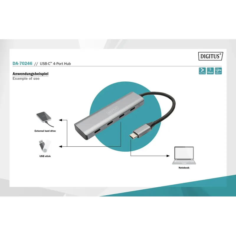 Hub USB Typ C DIGITUS 4-portowy 4x USB Typ C aluminium | PartsPC.pl
