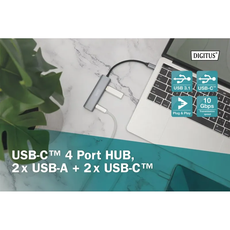 Hub USB Typ C DIGITUS 4-portowy 2x USB-A, 2x USB-C alu... | PartsPC.pl
