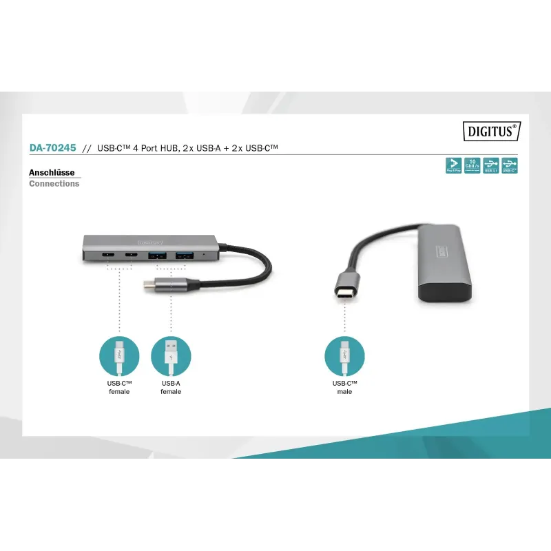 Hub USB Typ C DIGITUS 4-portowy 2x USB-A, 2x USB-C alu... | PartsPC.pl