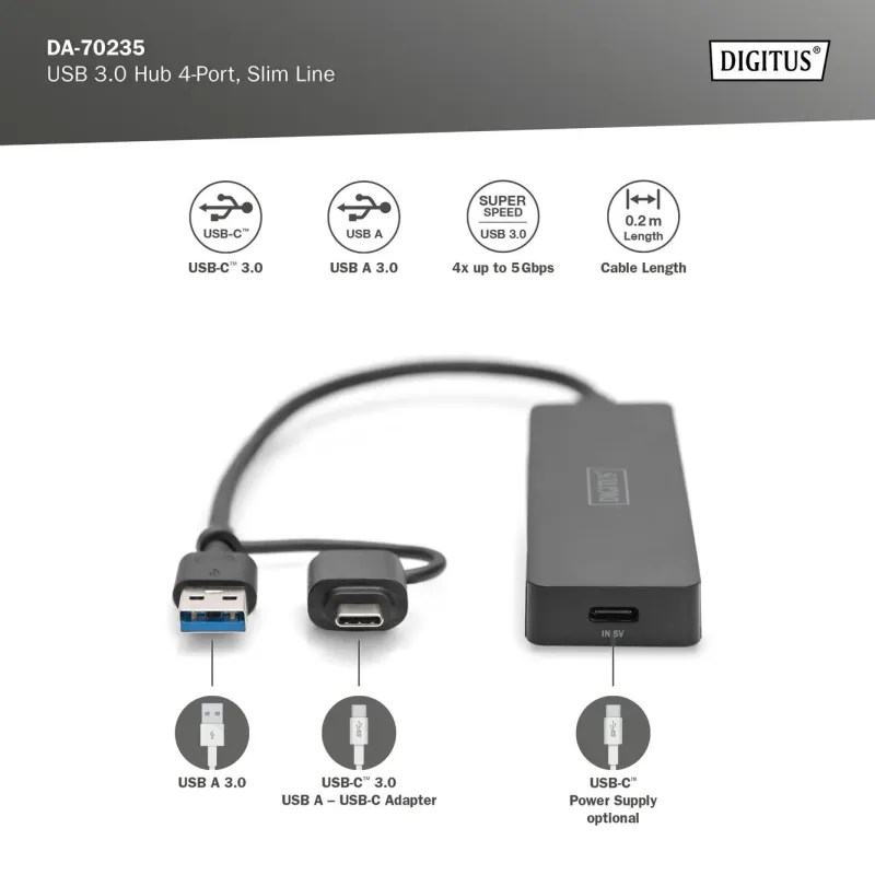 Hub USB 3.0/Koncentrator DIGITUS 4-portowy SlimLine USB | PartsPC.pl
