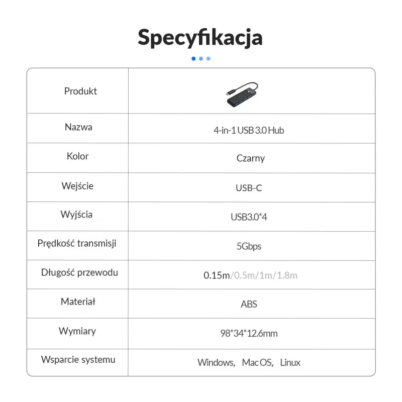 HUB USB-C Orico PAPW4A-C3-015-BK-EP 4 x USB-A 3.0 5Gbps, | PartsPC.pl