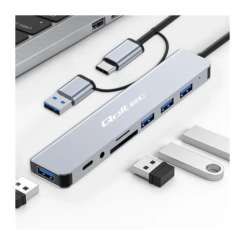 Hub Qoltec 8w1 USB-C/USB | USB-C | 4xUSB | SD/TF card | | PartsPC.pl