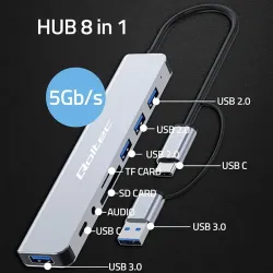 Hub Qoltec 8w1 USB-C/USB | USB-C | 4xUSB | SD/TF card | | PartsPC.pl