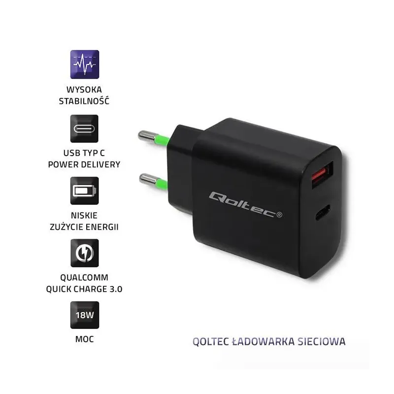 Ładowarka sieciowa Qoltec 18W | 5-12V | 1.5-3A | USB typ | PartsPC.pl