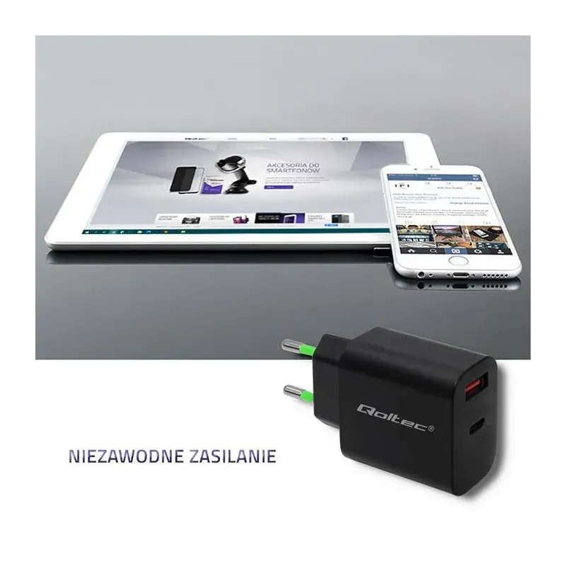 Ładowarka sieciowa Qoltec 18W | 5-12V | 1.5-3A | USB typ | PartsPC.pl