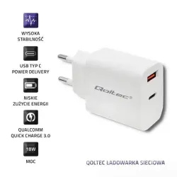 Ładowarka sieciowa Qoltec 18W | 5-12V | 1.5-3A | USB typ | PartsPC.pl