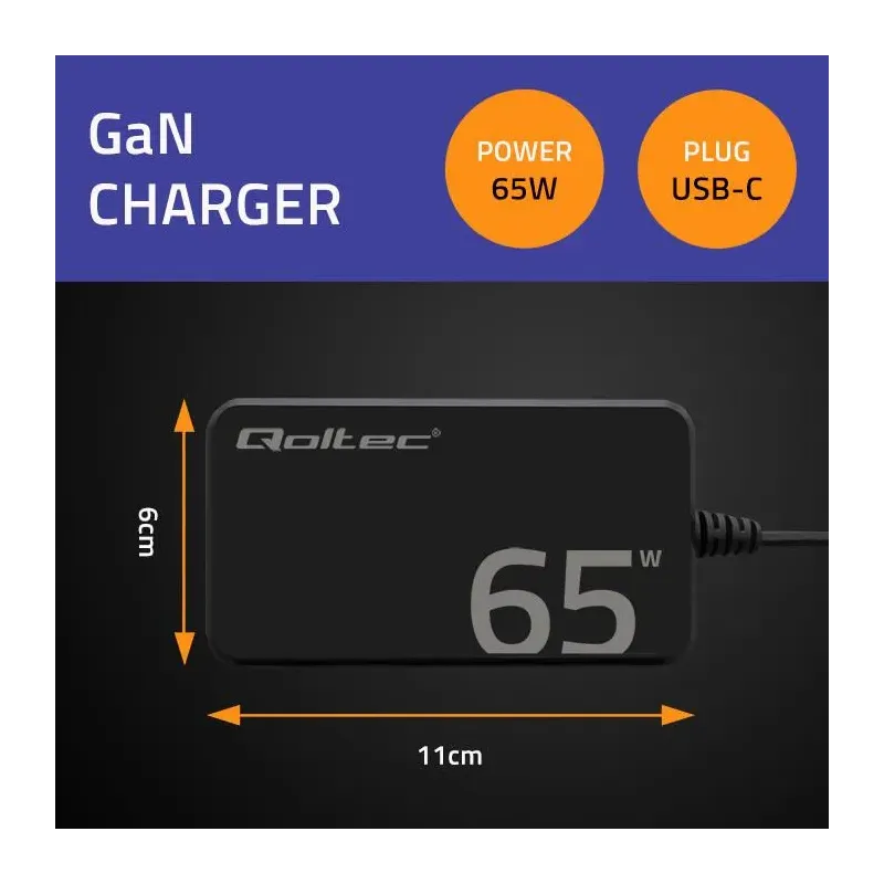 Ładowarka sieciowa Qoltec 65W GaN Super Fast SLIM | PartsPC.pl
