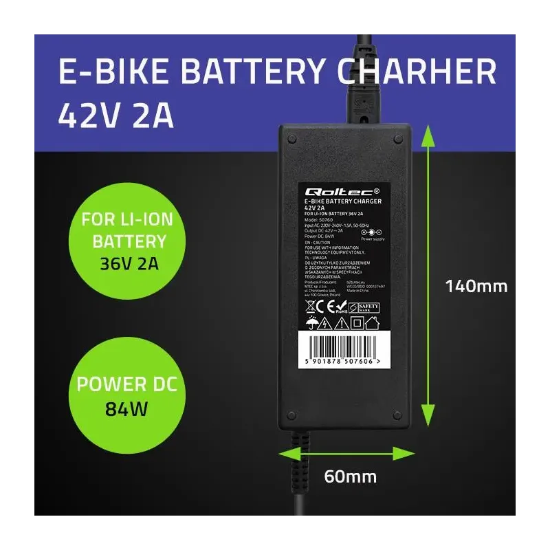 Ładowarka Qoltec do baterii roweru elektrycznego 36V | | PartsPC.pl