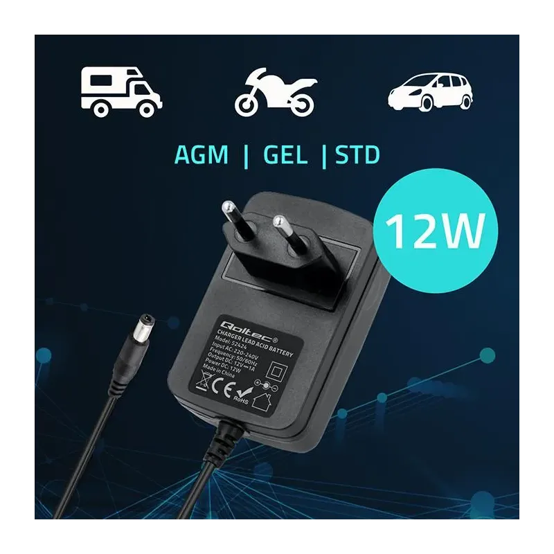 Ładowarka do akumulatora Qoltec AGM GEL STD 12V | 1A | | PartsPC.pl