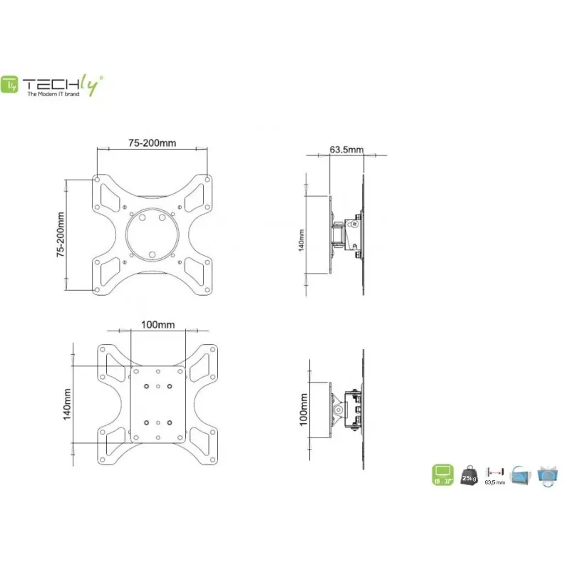 Uchwyt ścienny Techly 13"-37", 25kg obrotowy | PartsPC.pl
