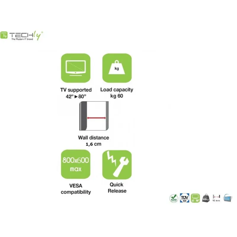 Uchwyt ścienny Techly 42"-80", 60kg slim | PartsPC.pl