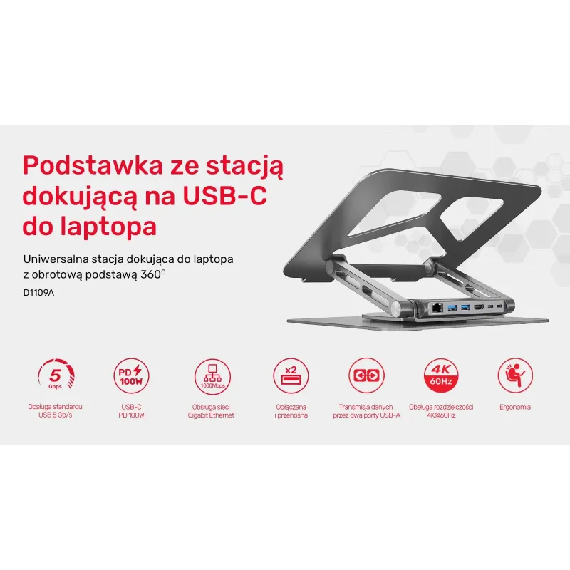 Podstawka pod laptop UNITEK D1109A HUB USB-C, HDMI, 4K, | PartsPC.pl