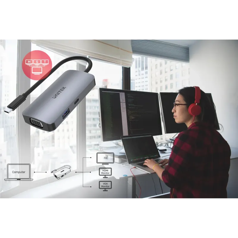 Hub USB-C Unitek D1051A 1x USB 3.1, VGA, 2x HDMI, PD | PartsPC.pl