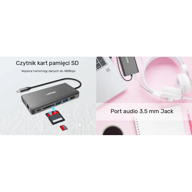 Hub USB-C Unitek D1019B 3.1 8w1, Power Delivery 100W | PartsPC.pl