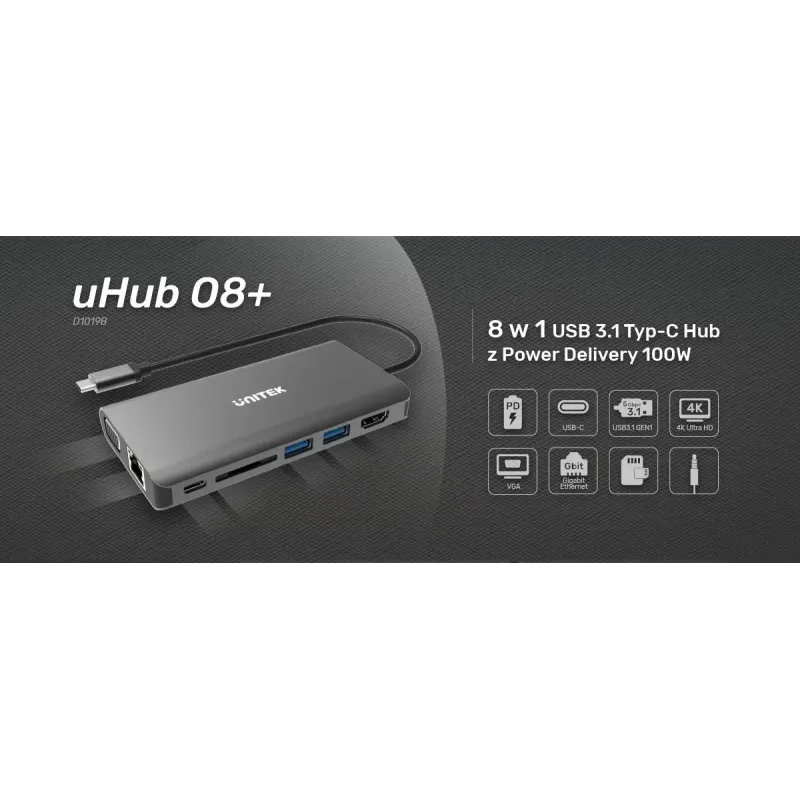 Hub USB-C Unitek D1019B 3.1 8w1, Power Delivery 100W | PartsPC.pl