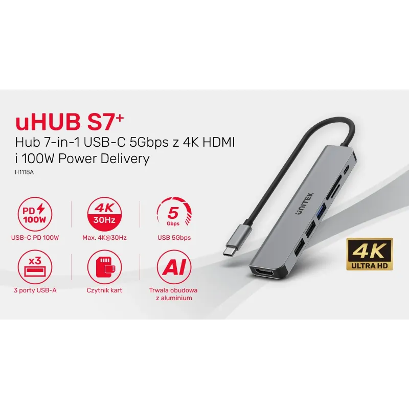 Hub USB-C Unitek H1118A 7w1, HDMI 4K, 3x USB-A, USB-C PD | PartsPC.pl
