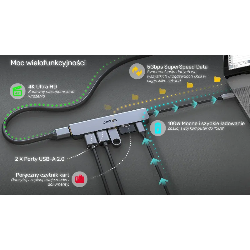 Hub USB-C Unitek H1118A 7w1, HDMI 4K, 3x USB-A, USB-C PD | PartsPC.pl