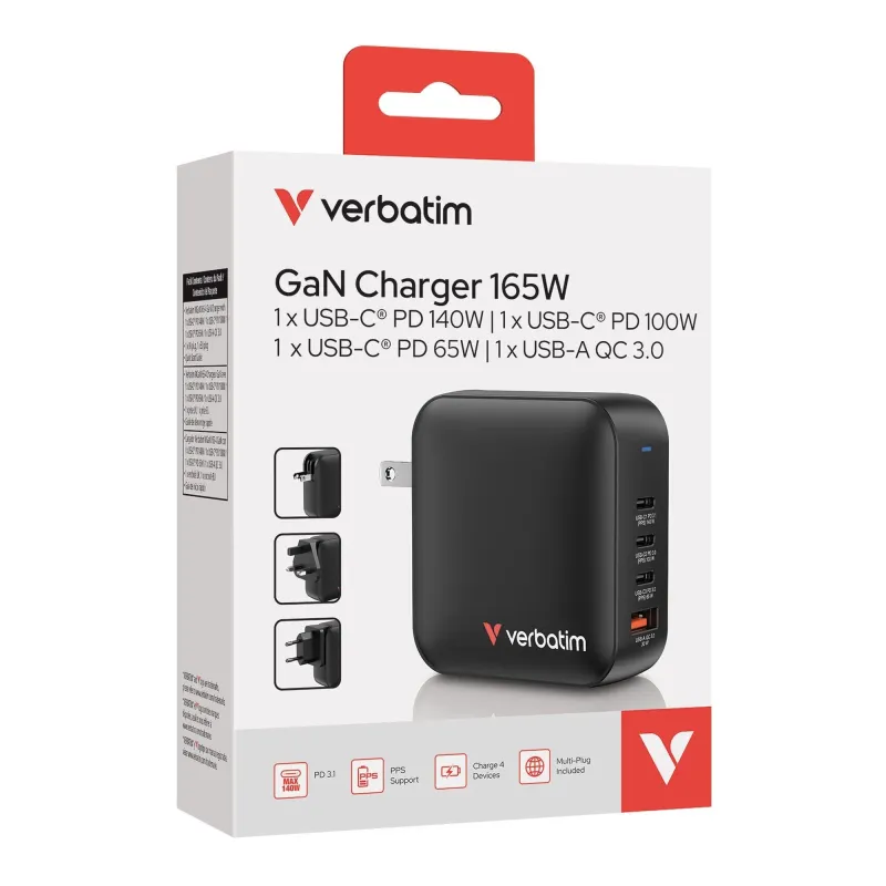 Ładowarka ścienna Verbatim Mini GaN 165W 3xUSB-C PD | PartsPC.pl