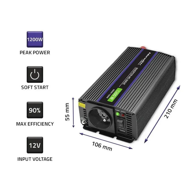 Przetwornica napięcia Qoltec Monolith 1200 MS Wave | 12V | PartsPC.pl