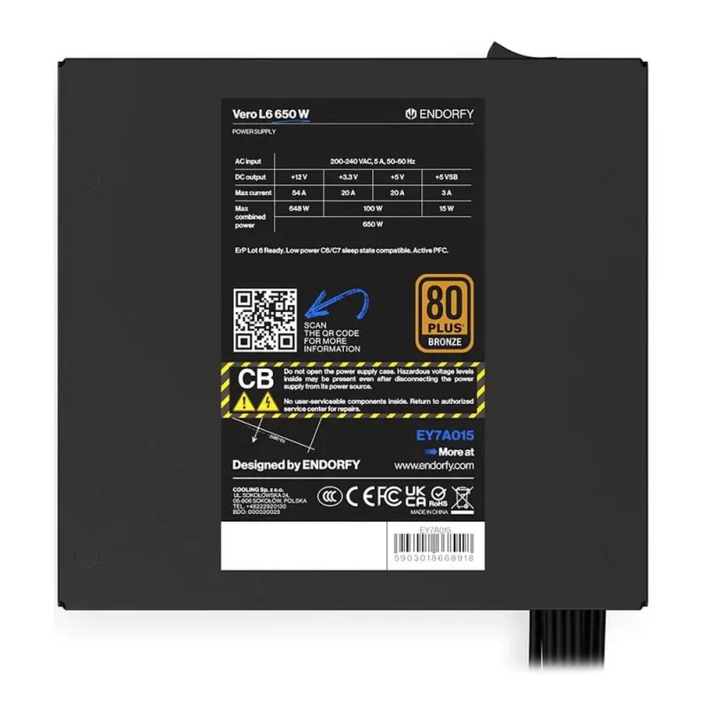Zasilacz Endorfy Vero L6 Bronze 650W ATX 120mm 80 Plus | PartsPC.pl