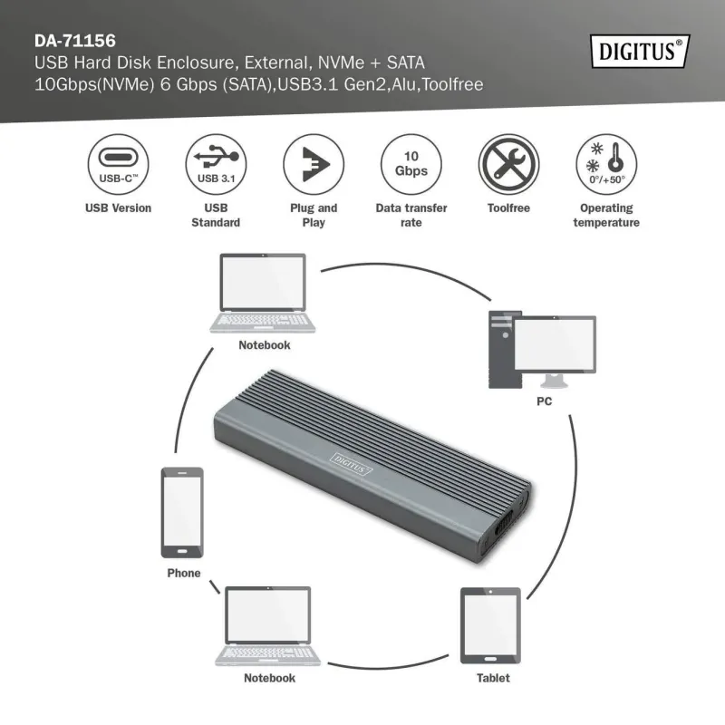 Obudowa DIGITUS USB 3.1 Typ C na dysk SSD M.2 NVMe | PartsPC.pl