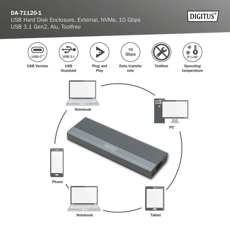 Obudowa DIGITUS USB 3.1 Typ C na dysk SSD M.2 NVMe | PartsPC.pl