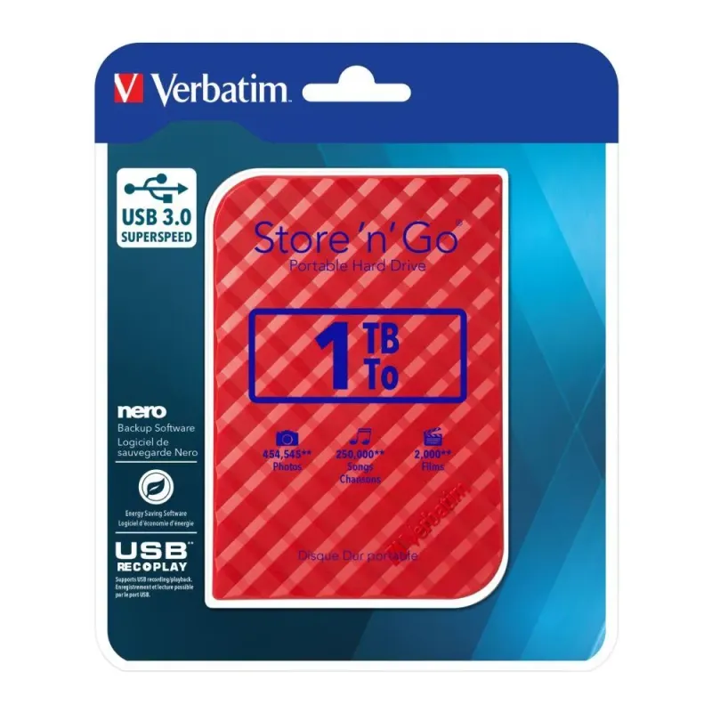 Dysk zewnętrzny Verbatim 1TB Store 'n' Go 2.5" czerwony | PartsPC.pl