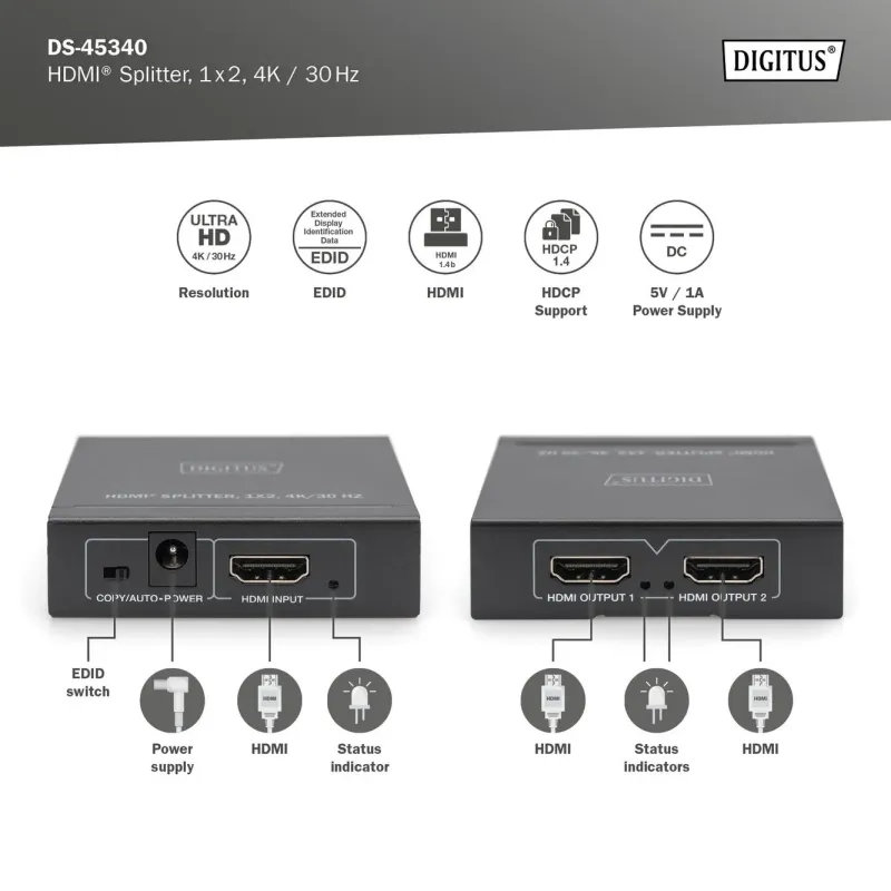 Rozdzielacz/Splitter HDMI DIGITUS 2-portowy 4K/30Hz EDID | PartsPC.pl