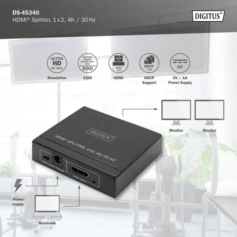 Rozdzielacz/Splitter HDMI DIGITUS 2-portowy 4K/30Hz EDID | PartsPC.pl