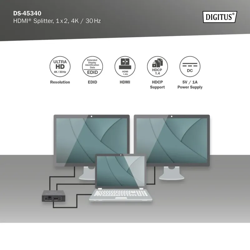 Rozdzielacz/Splitter HDMI DIGITUS 2-portowy 4K/30Hz EDID | PartsPC.pl