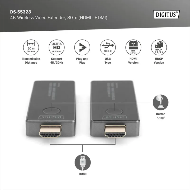 Przedłużacz/Extender DIGITUS HDMI bezprzewodowy 30m UHD | PartsPC.pl