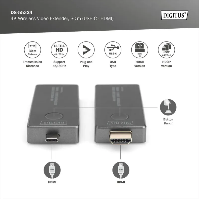 Przedłużacz/Extender DIGITUS USB-C - HDMI bezprzewodowy | PartsPC.pl