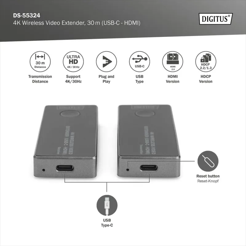 Przedłużacz/Extender DIGITUS USB-C - HDMI bezprzewodowy | PartsPC.pl