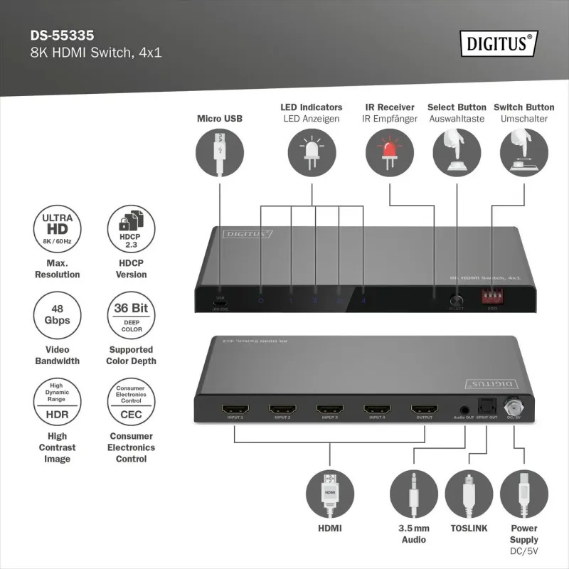 Przełącznik/Switch DIGITUS HDMI 4x1, 8K/60Hz (4:4:4) z | PartsPC.pl