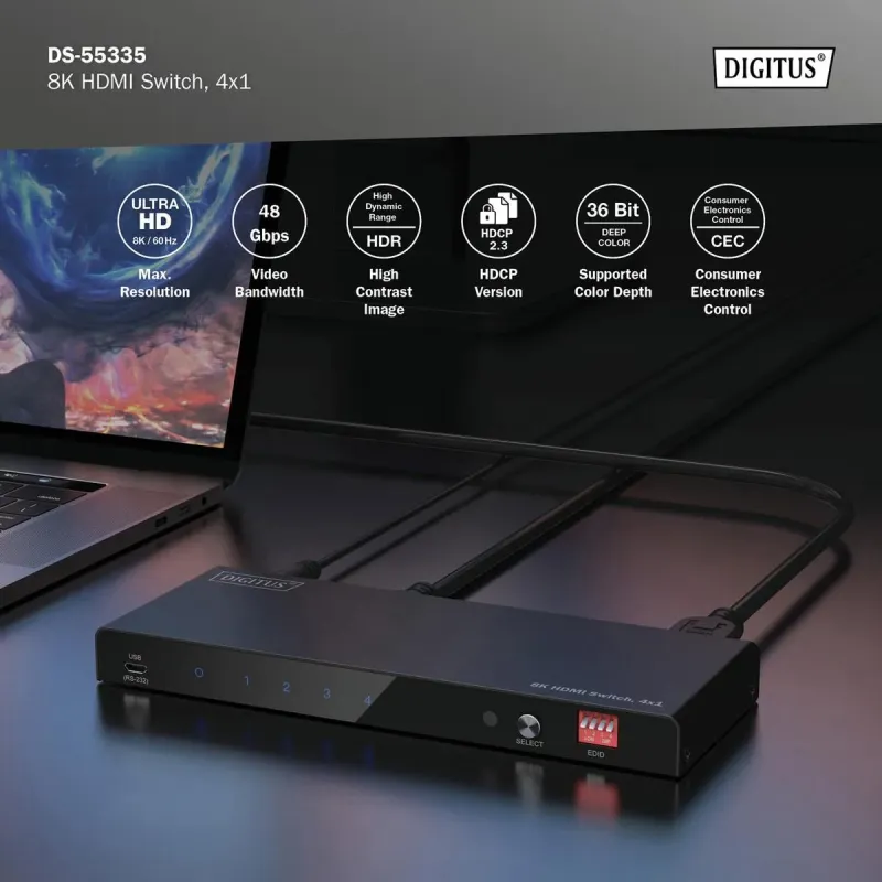 Przełącznik/Switch DIGITUS HDMI 4x1, 8K/60Hz (4:4:4) z | PartsPC.pl