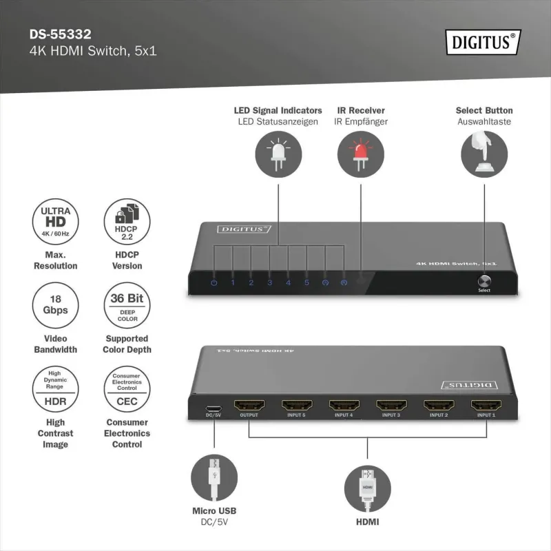 Przełącznik/Switch DIGITUS HDMI 5x1, 4K/60Hz UHD z HDR, | PartsPC.pl
