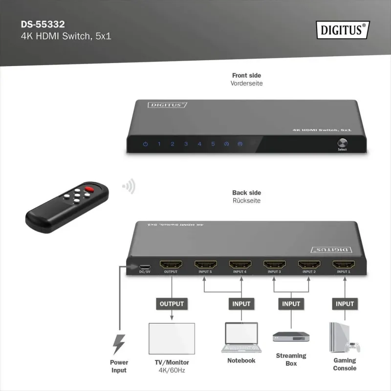 Przełącznik/Switch DIGITUS HDMI 5x1, 4K/60Hz UHD z HDR, | PartsPC.pl