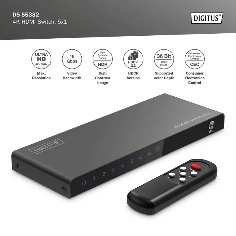 Przełącznik/Switch DIGITUS HDMI 5x1, 4K/60Hz UHD z HDR, | PartsPC.pl