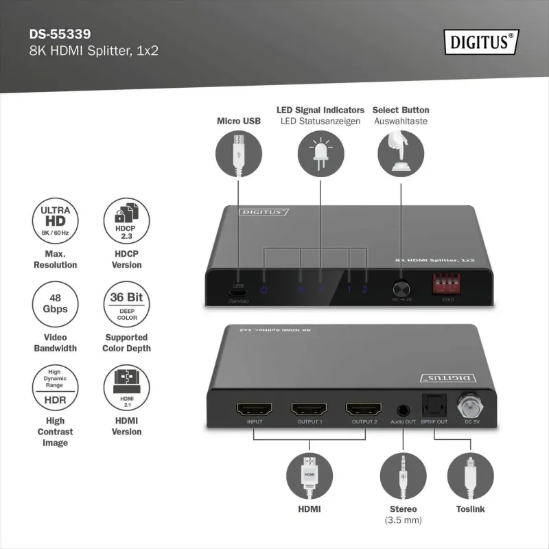 Rozdzielacz/Splitter DIGITUS HDMI 1x2, 8K/60Hz (4:4:4) z | PartsPC.pl