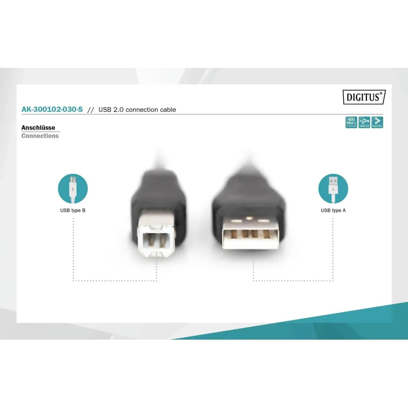 Kabel drukarkowy DIGITUS USB 2.0 A/M - B/M, 3m czarny | PartsPC.pl