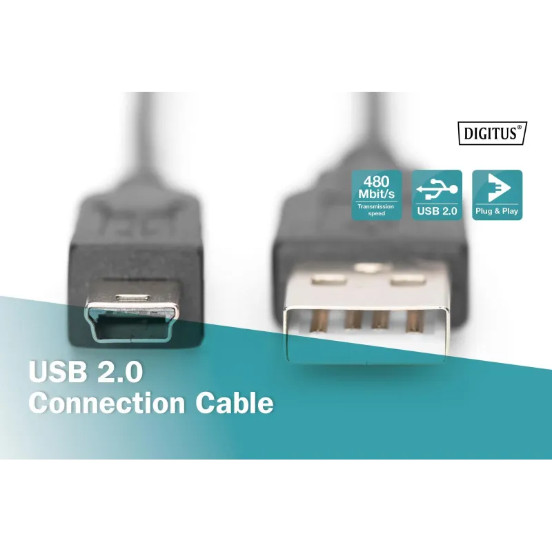 Kabel USB DIGITUS 2.0 A/M - mini B/M, 1m czarny | PartsPC.pl