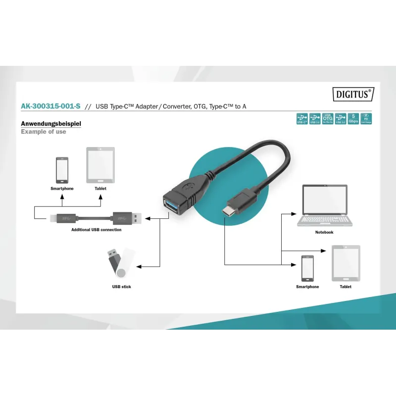 Kabel USB 3.1 Gen 1 DIGITUS SuperSpeed OTG Typ USB C/USB | PartsPC.pl
