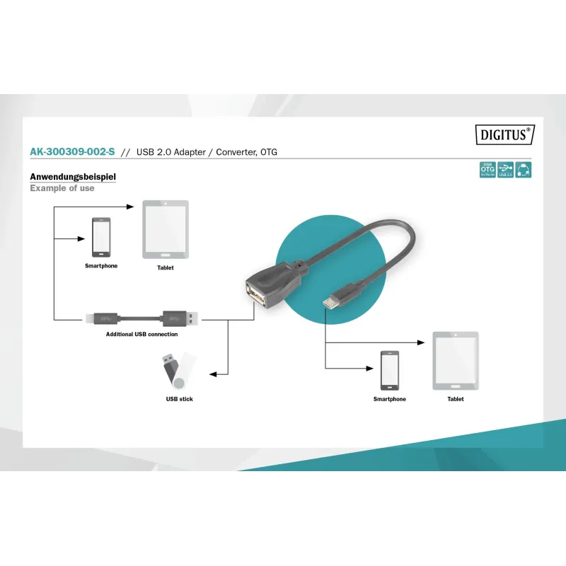 Kabel USB 2.0 DIGITUS HighSpeed OTG Typ microUSB B/USB A | PartsPC.pl