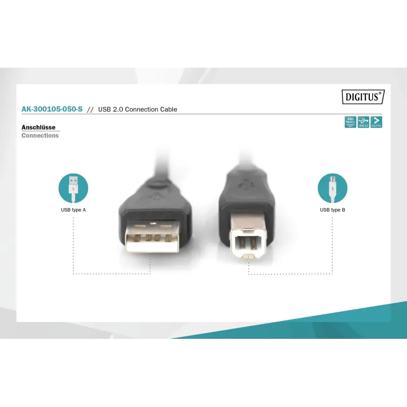 Kabel drukarkowy USB DIGITUS 2.0 A/M - USB B /M 5m czarny | PartsPC.pl