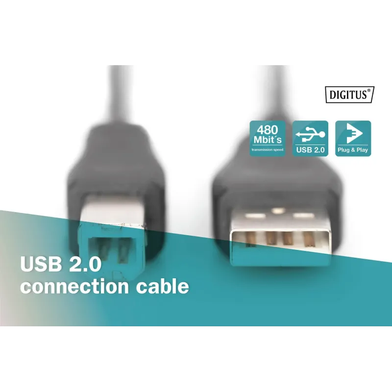 Kabel drukarkowy DIGITUS USB 2.0 A/M - B/M, 1,8m czarny | PartsPC.pl