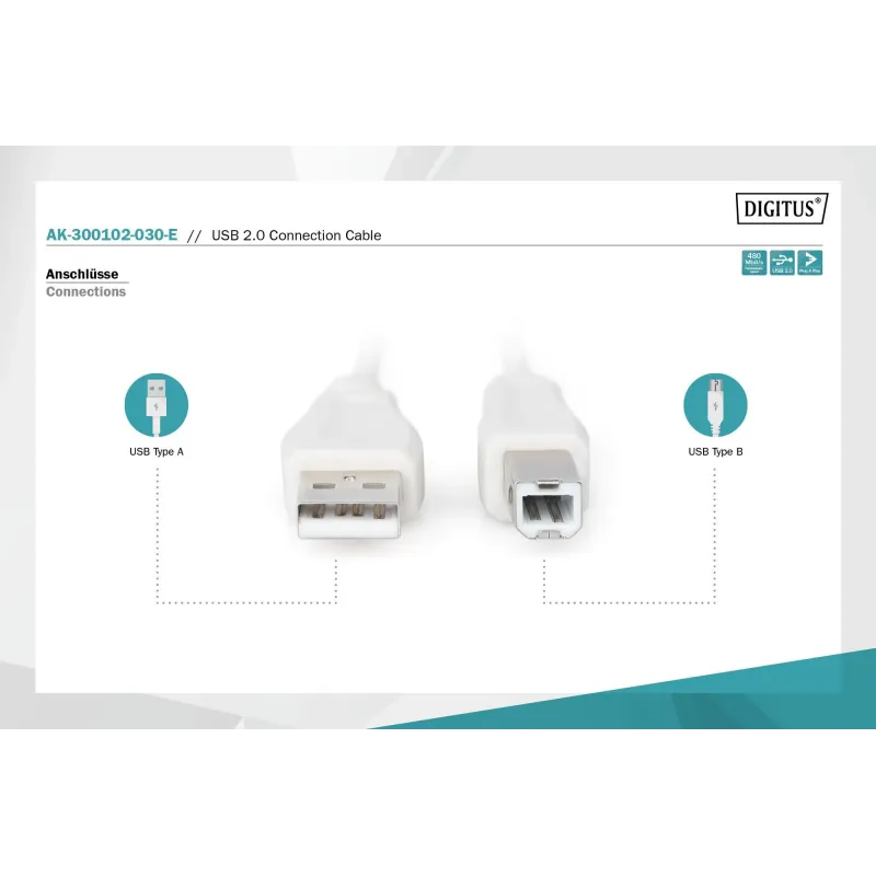 Kabel drukarkowy DIGITUS USB 2.0 A/M - B/M, 3m beżowy | PartsPC.pl